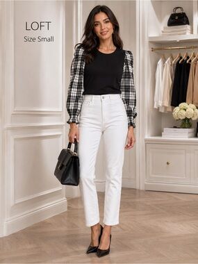 LOFT Plaid Puff Sleeve Mixed Media Ribbed Top Black White Size Small
